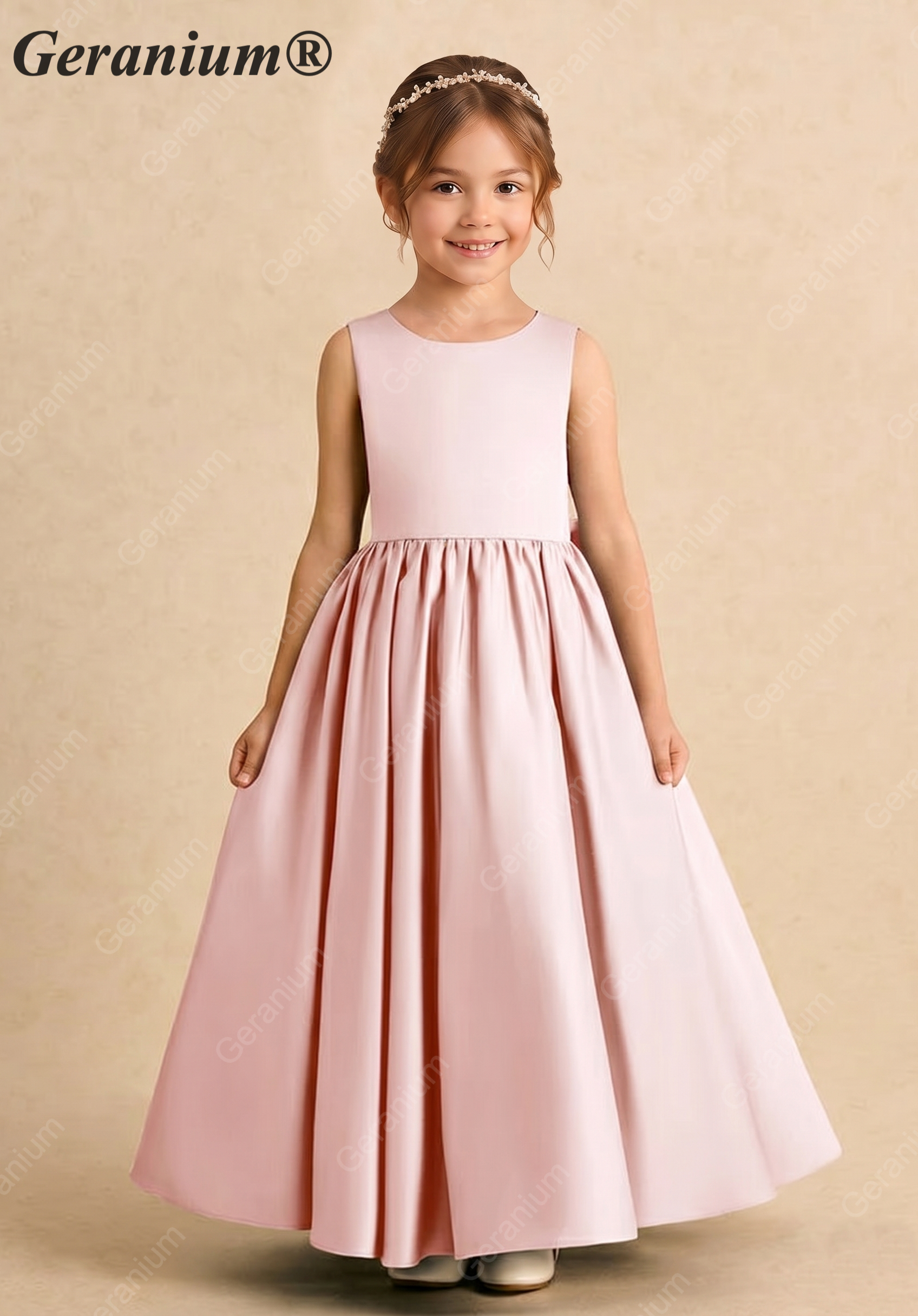 Geranium Girl’s Pink Satin Ballgown Flower Girl Dress, Open Back with Big Bow and Crystal Button, Sleeveless Floor-Length Gown for Wedding Guest & Formal Party KD-271 Main image