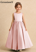 Geranium Girl’s Pink Satin Ballgown Flower Girl Dress, Open Back with Big Bow and Crystal Button, Sleeveless Floor-Length Gown for Wedding Guest & Formal Party KD-271