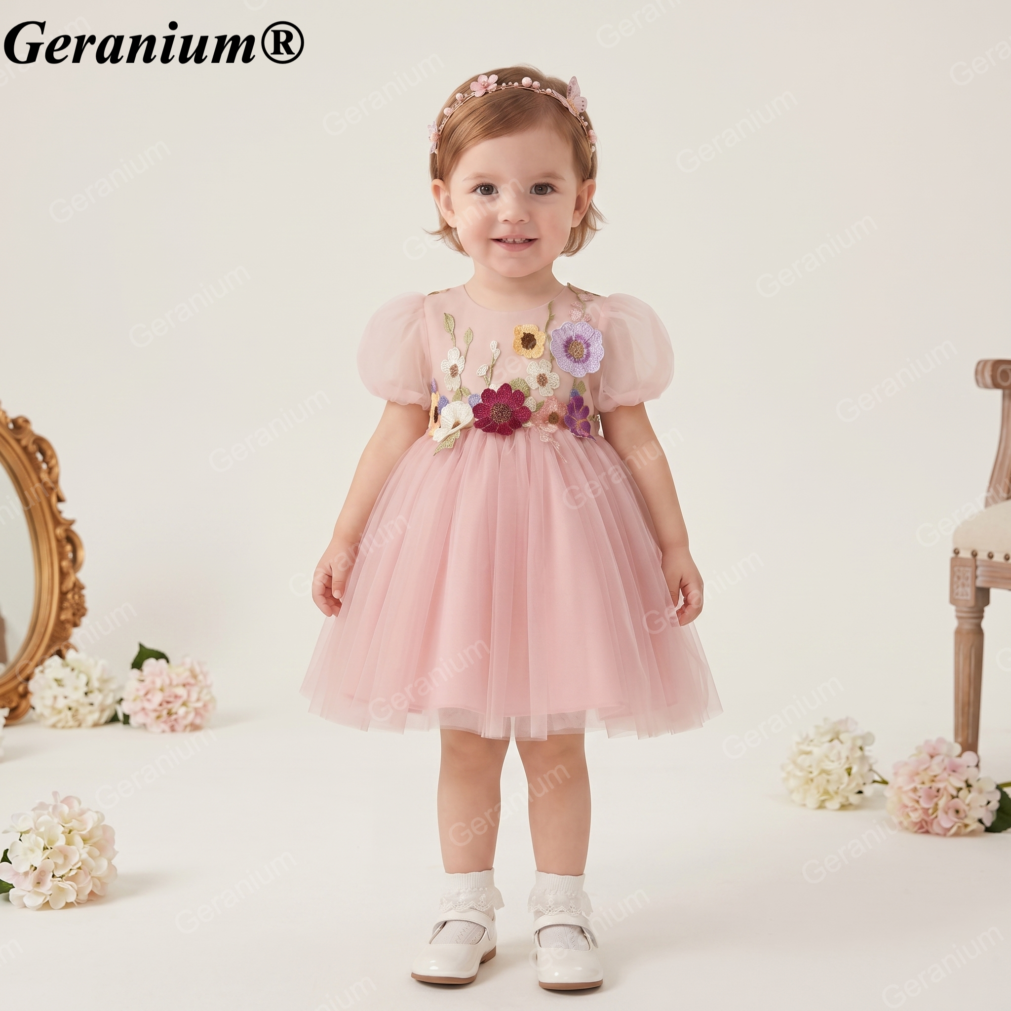 Geranium Whimsical 3D Floral Appliqué Tulle Flower Girl Dress with Oversized Back Bow - Enchanted Garden Party Gown KD-365 Main image
