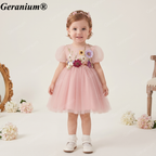 Geranium Whimsical 3D Floral Appliqué Tulle Flower Girl Dress with Oversized Back Bow - Enchanted Garden Party Gown KD-365
