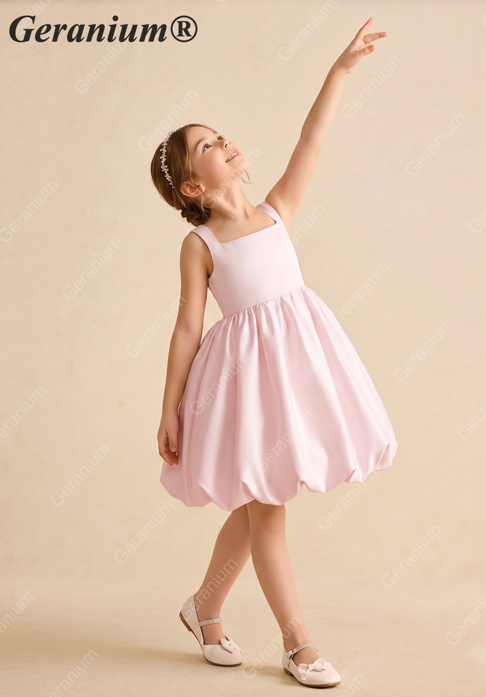 Geranium Girl's Pink Satin Flower Girl Dress - Sweet Heart Cut-Out Back Bubble Hem Party Gown KD-226 Secondary image