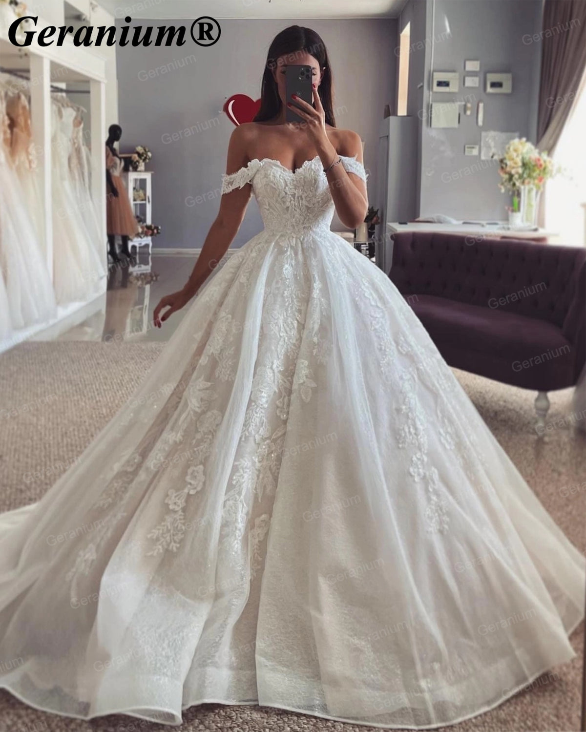 Geranium Off-the-Shoulder Lace Ball Gown Wedding Dress – GER127