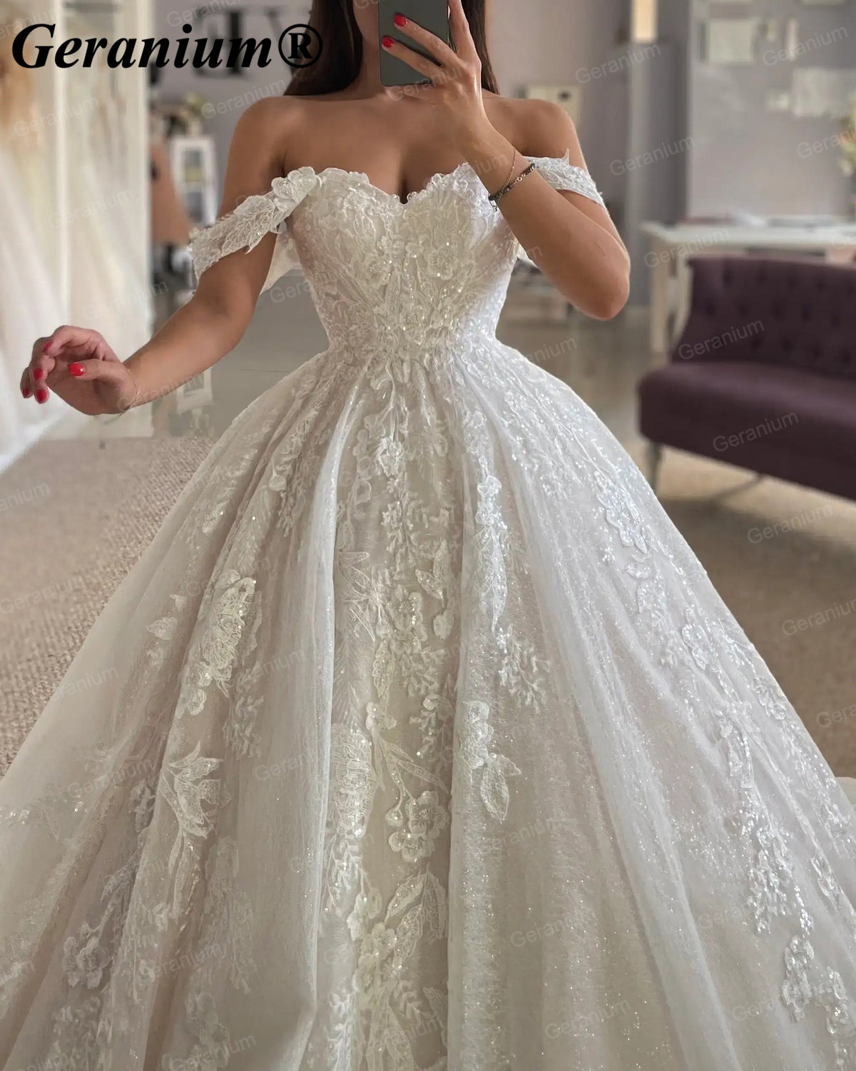 Geranium Off-the-Shoulder Lace Ball Gown Wedding Dress – GER127