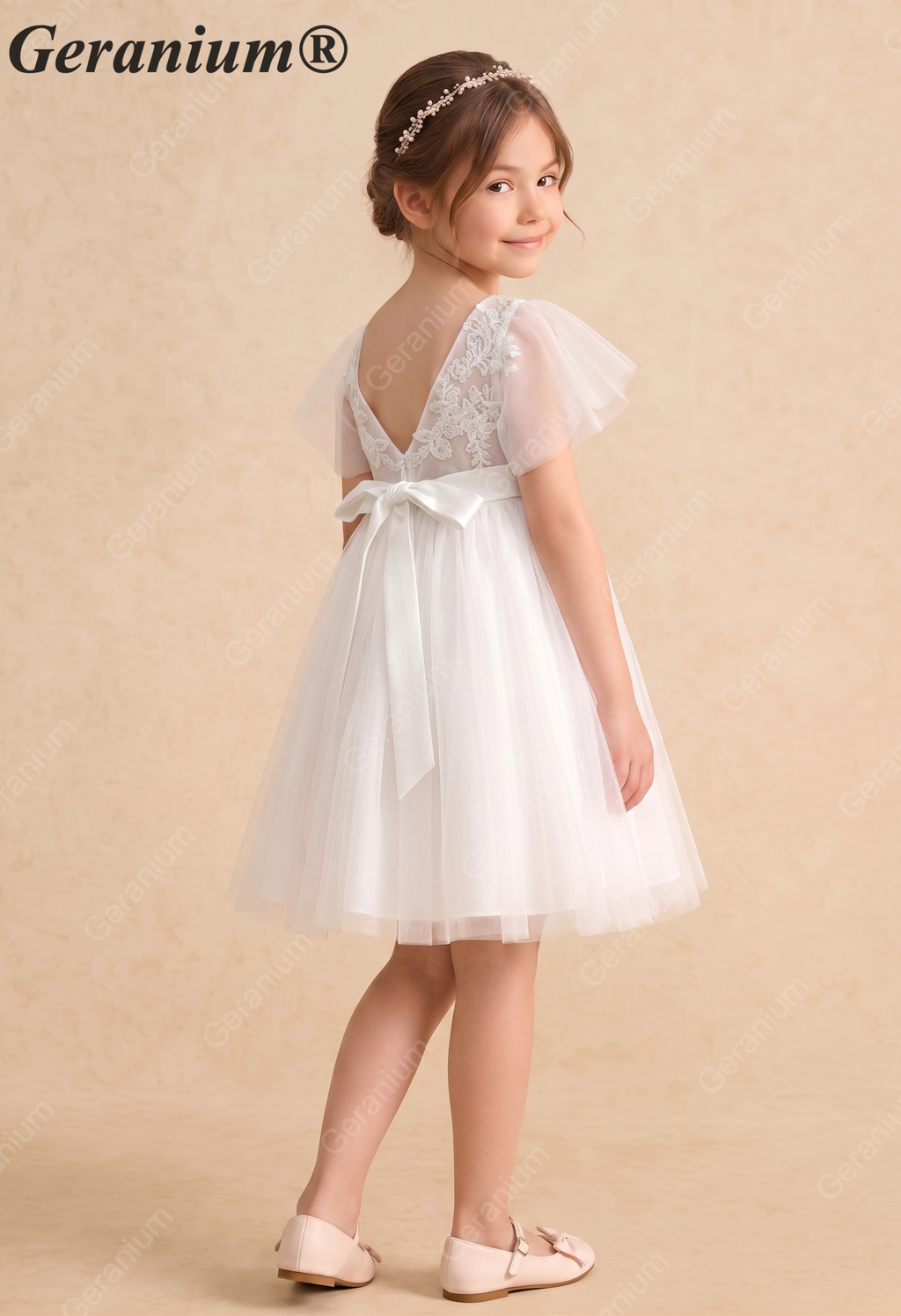Geranium Elegant Lace Flower Girl Dress with Flutter Sleeves & Satin Bow - Knee Length Tulle Princess Gown KD-247