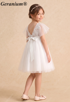 Geranium Elegant Lace Flower Girl Dress with Flutter Sleeves & Satin Bow - Knee Length Tulle Princess Gown KD-247