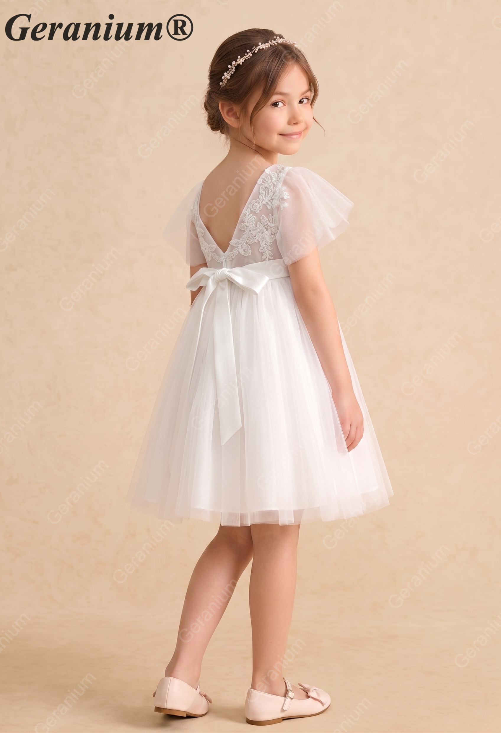 Geranium Elegant Lace Flower Girl Dress with Flutter Sleeves & Satin Bow - Knee Length Tulle Princess Gown KD-247