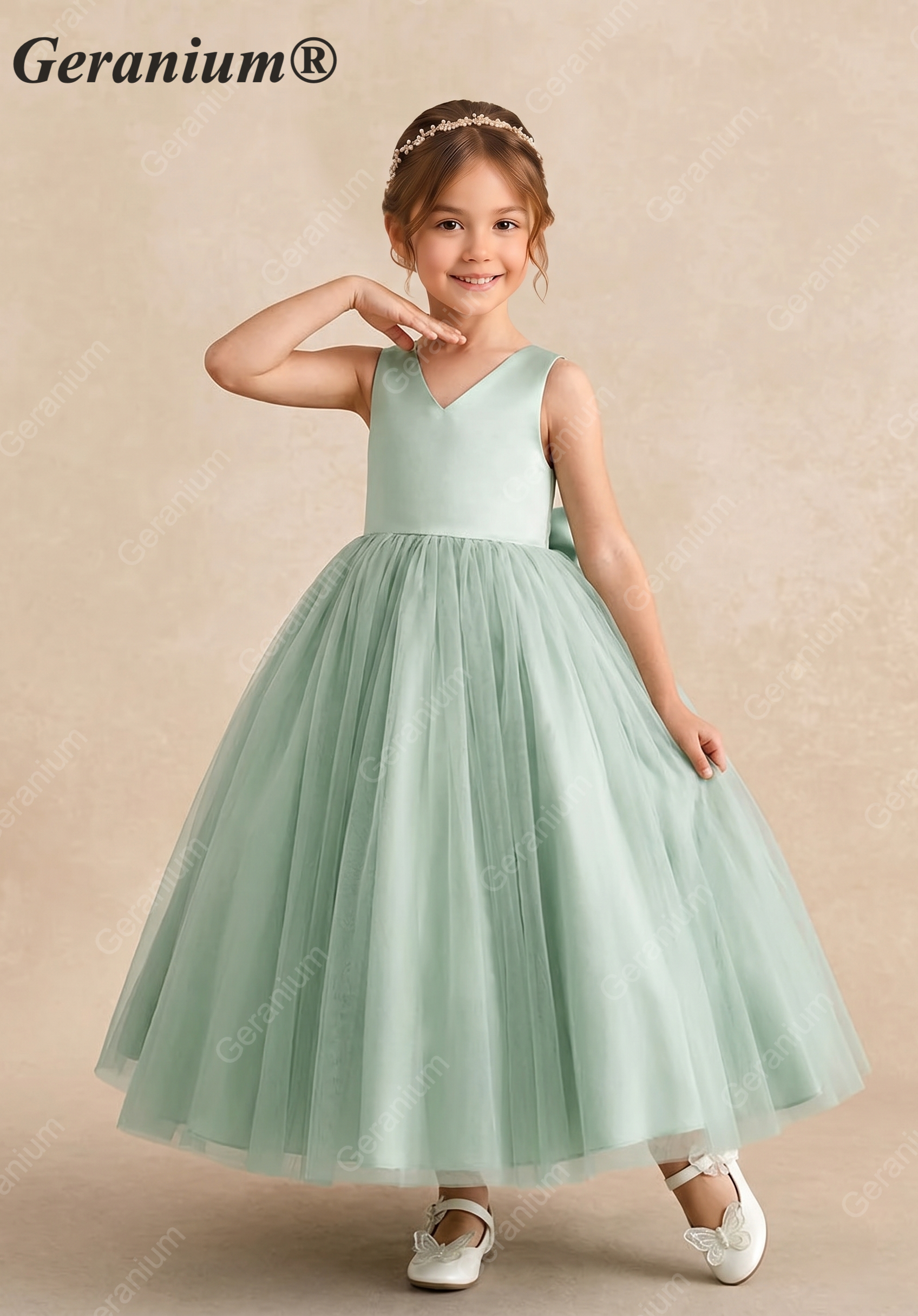 Geranium Elegant V-Neck Sage Green Flower Girl Dress - Tulle Ball Gown with Criss-Cross Back and Removable Big Bow KD-209 Main image