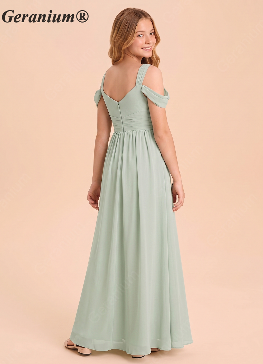 Geranium Sweetheart Cold Shoulder Ruched Sage Green Chiffon A-Line Junior Bridesmaid Dress for Teen Girls - Floor Length KD-141
