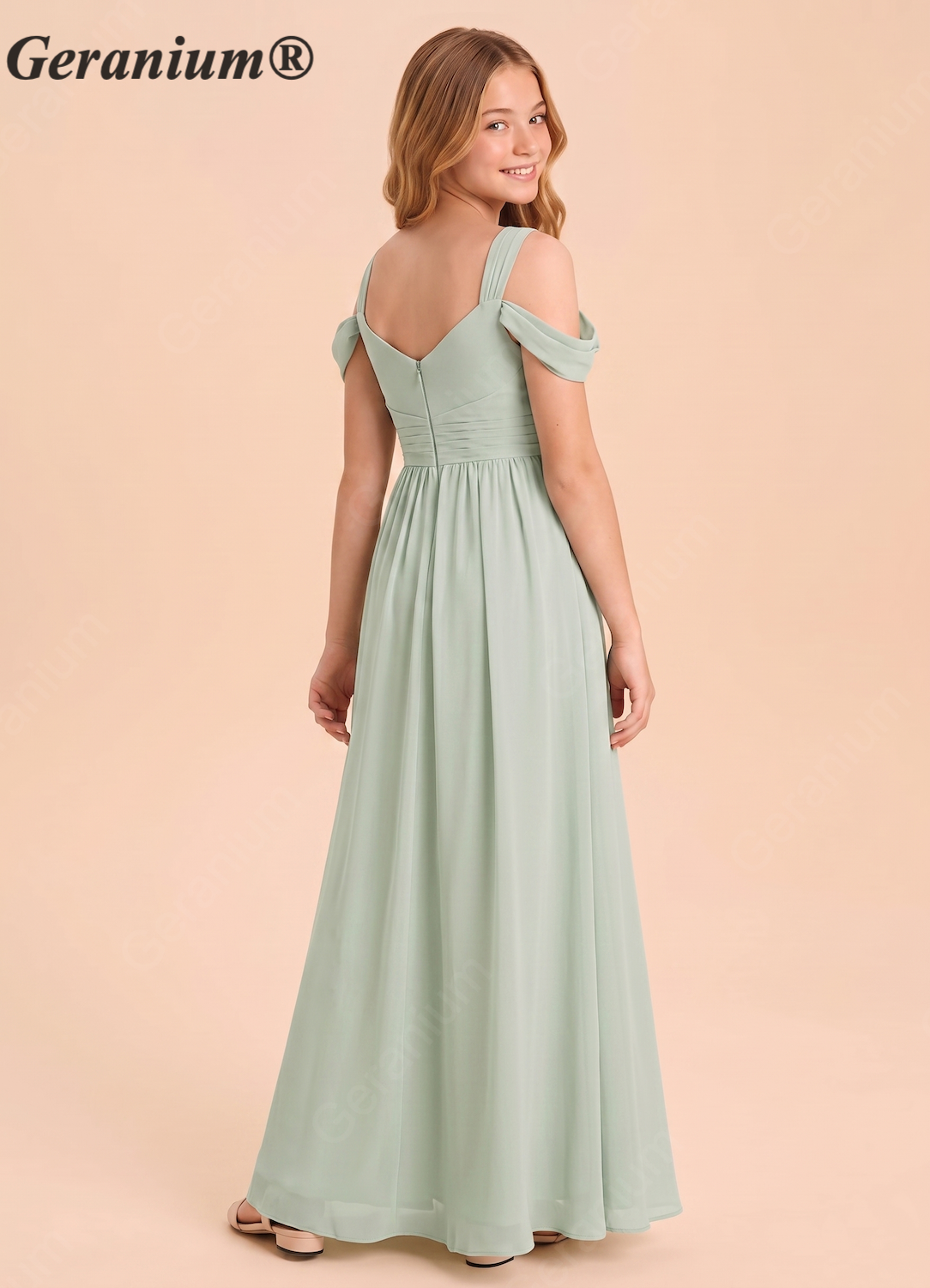 Geranium Sweetheart Cold Shoulder Ruched Sage Green Chiffon A-Line Junior Bridesmaid Dress for Teen Girls - Floor Length KD-141