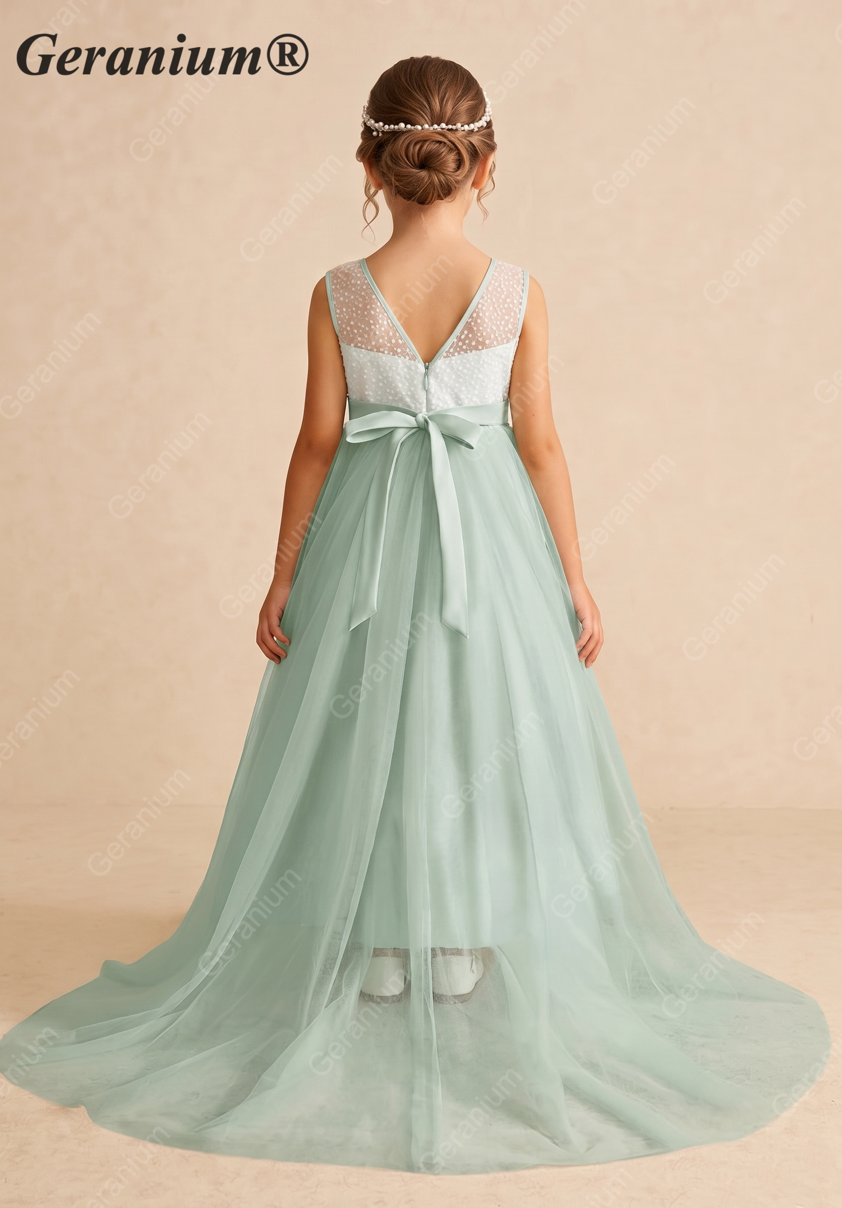 Geranium Enchanting Sage Green Sequin Tulle Flower Girl Dress - Elegant Floor-Length Formal Gown for Weddings & Parties KD-238
