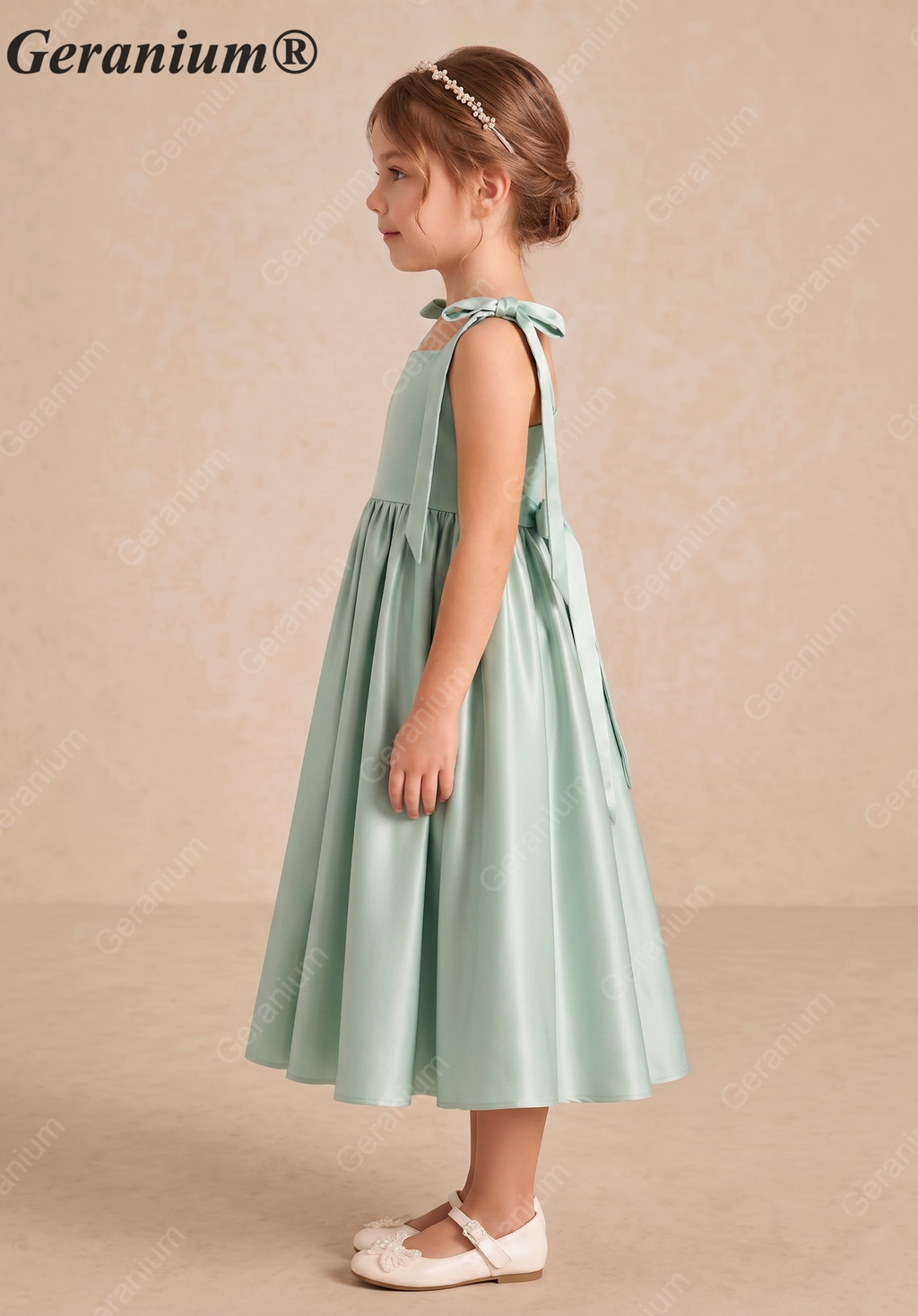 Gearanium Girls Sage Green Satin Flower Girl Dress - Tie-Shoulder A-Line Party Gown KD-288