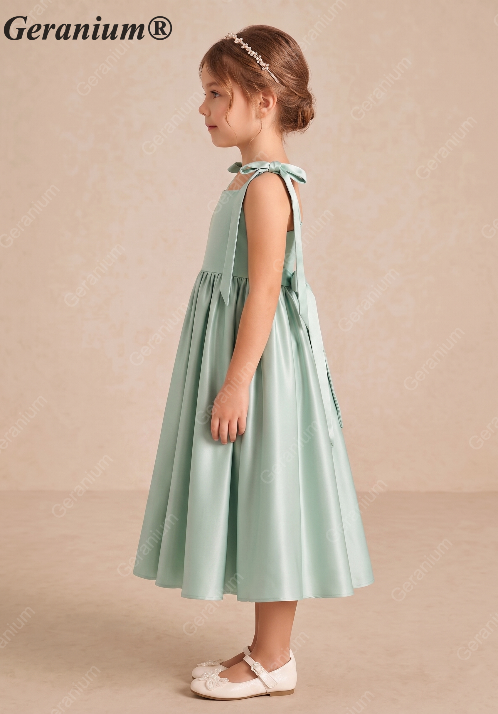 Gearanium Girls Sage Green Satin Flower Girl Dress - Tie-Shoulder A-Line Party Gown KD-288