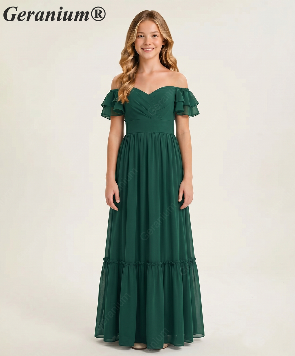 Geranium unior Dark Green Chiffon Ruffled Off-the-Shoulder Bridesmaid Maxi Dress with Tiered Hem KD-327