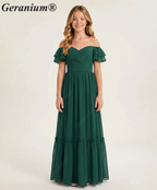 Geranium unior Dark Green Chiffon Ruffled Off-the-Shoulder Bridesmaid Maxi Dress with Tiered Hem KD-327
