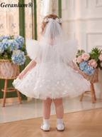 Geranium 3D Butterfly Appliqué Flower Girl Dress - Ruffled Wing Sleeves Tulle Tutu Birthday Party Gown with Matching Veil KD-372