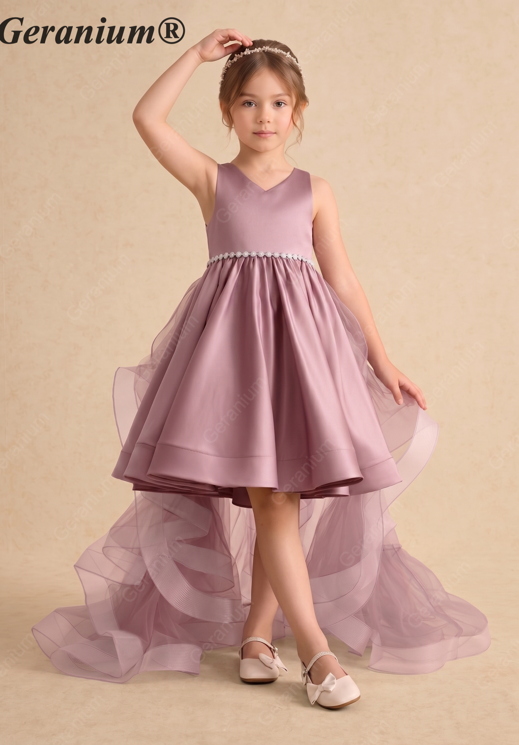 Geranium Girls Mauve Satin Hi-Low Dress with Pearl Waistband & Detachable Ruffled Tulle Train KD-283