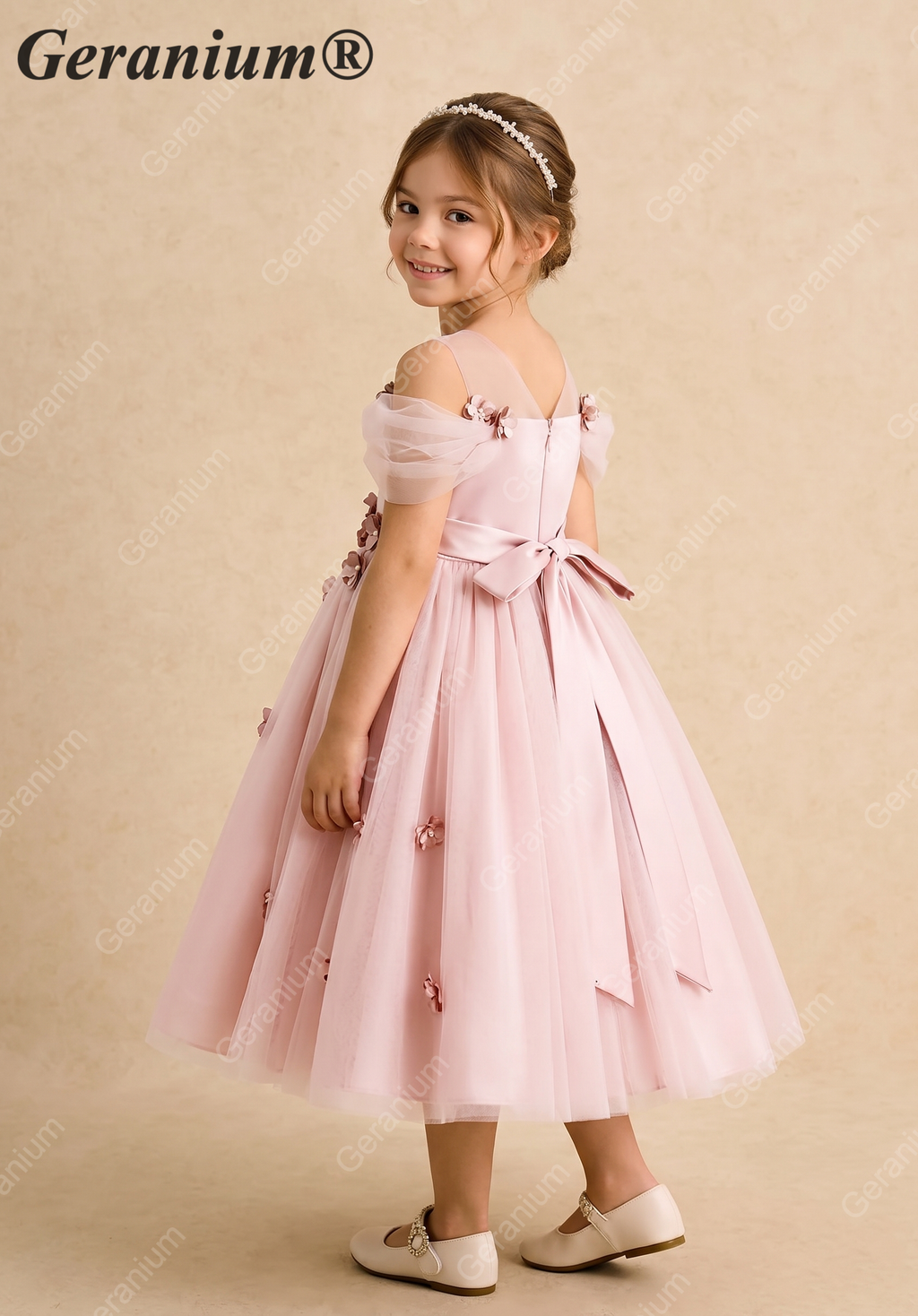 Geranium Enchanting Blush Pink Off-the-Shoulder Flower Girl Dress - Floral Appliqué Tulle Tutu Princess Gown KD-248