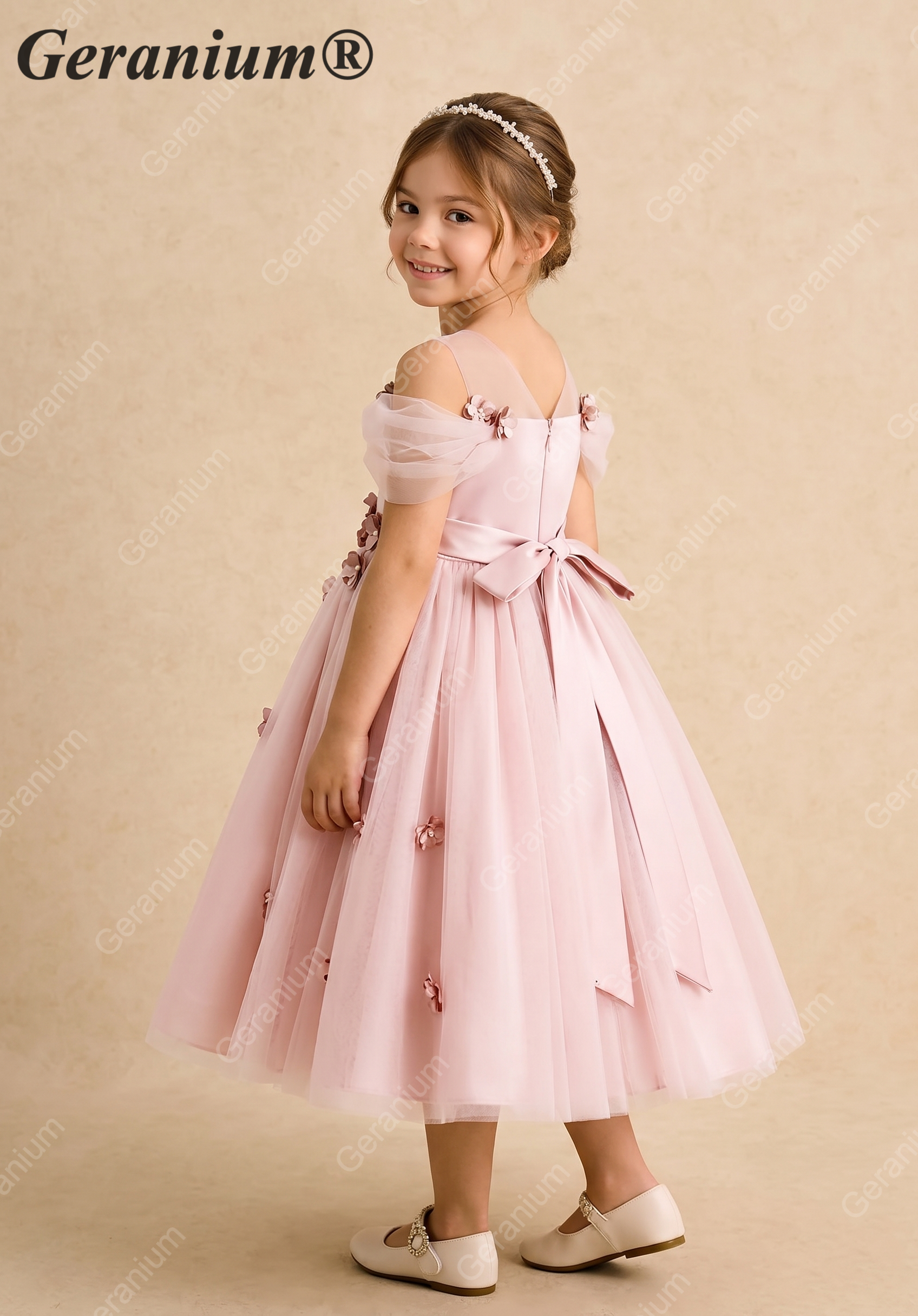 Geranium Enchanting Blush Pink Off-the-Shoulder Flower Girl Dress - Floral Appliqué Tulle Tutu Princess Gown KD-248