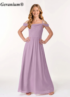 Geranium Junior Lavender Chiffon Off-Shoulder Bridesmaid Dress – A-Line Floor Length KD-58