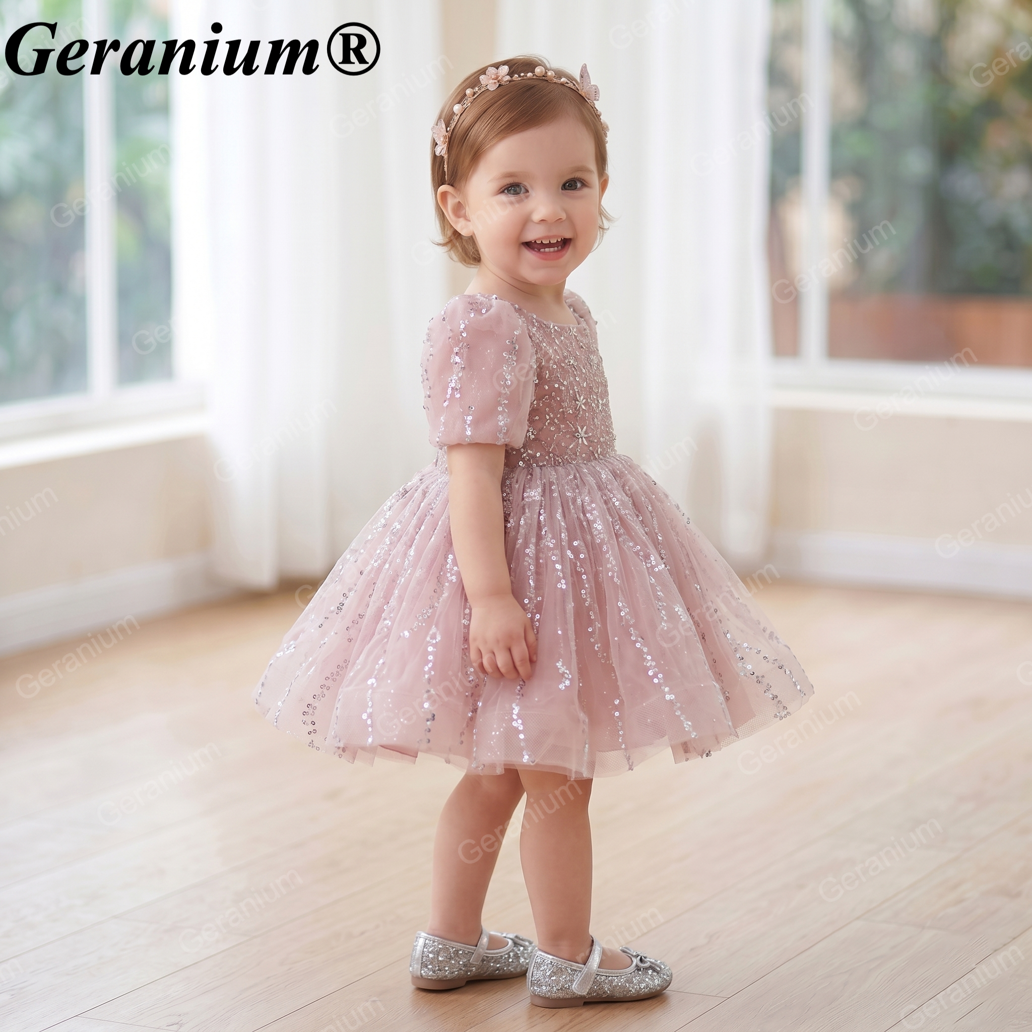 Geranium Sparkling Dusty Rose Sequin Toddler Party Dress - Heuloria Princess Tutu with Puff Sleeves KD-32 Secondary image