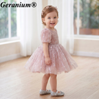Geranium Sparkling Dusty Rose Sequin Toddler Party Dress - Heuloria Princess Tutu with Puff Sleeves KD-32