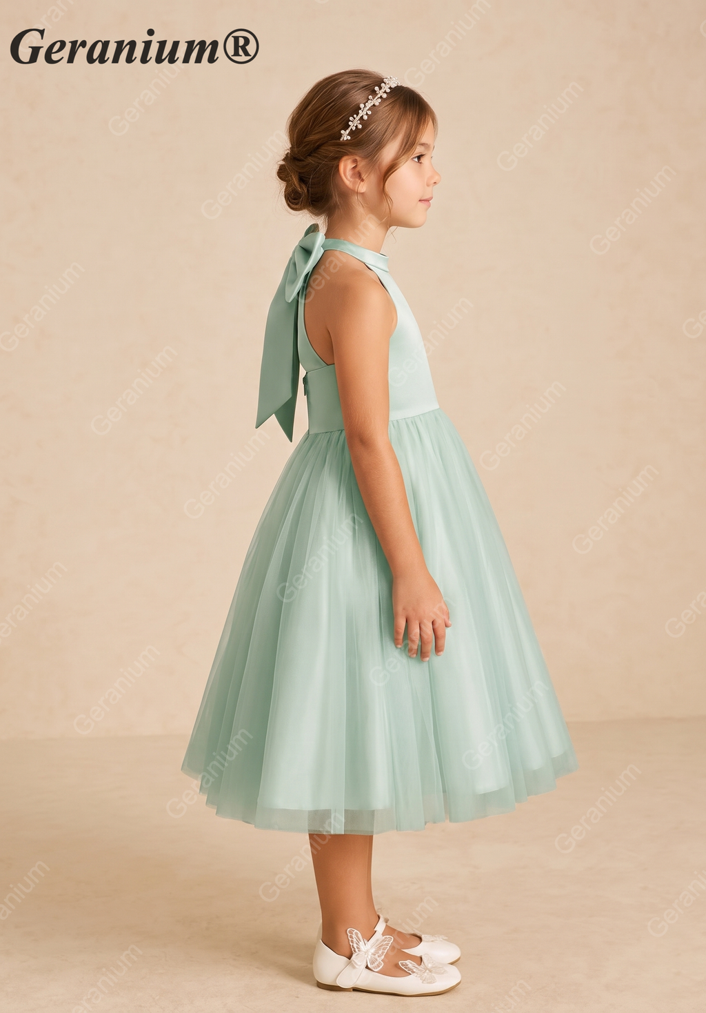 Geranium Elegant Sage Green Halter Flower Girl Dress with Statement Bow Back & Tulle Skirt KD-205