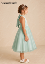 Geranium Elegant Sage Green Halter Flower Girl Dress with Statement Bow Back & Tulle Skirt KD-205