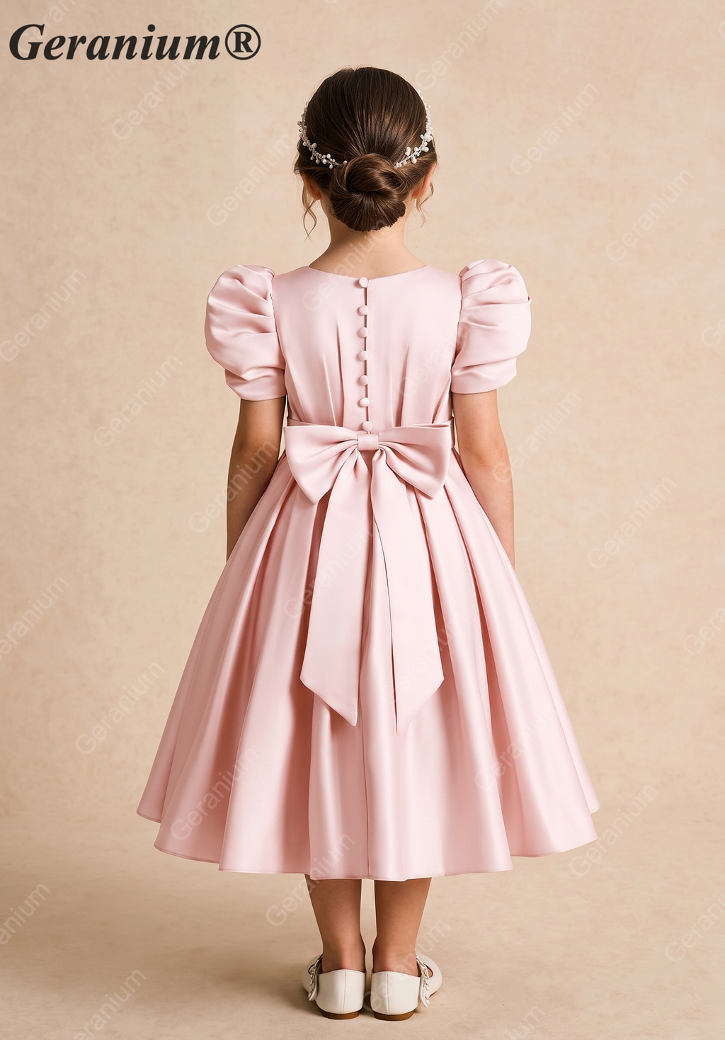 Geranium Elegant Puff Sleeve Satin Flower Girl Dress with Back Bow - Pink Formal Party Gown for Kids KD-254