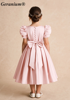 Geranium Elegant Puff Sleeve Satin Flower Girl Dress with Back Bow - Pink Formal Party Gown for Kids KD-254