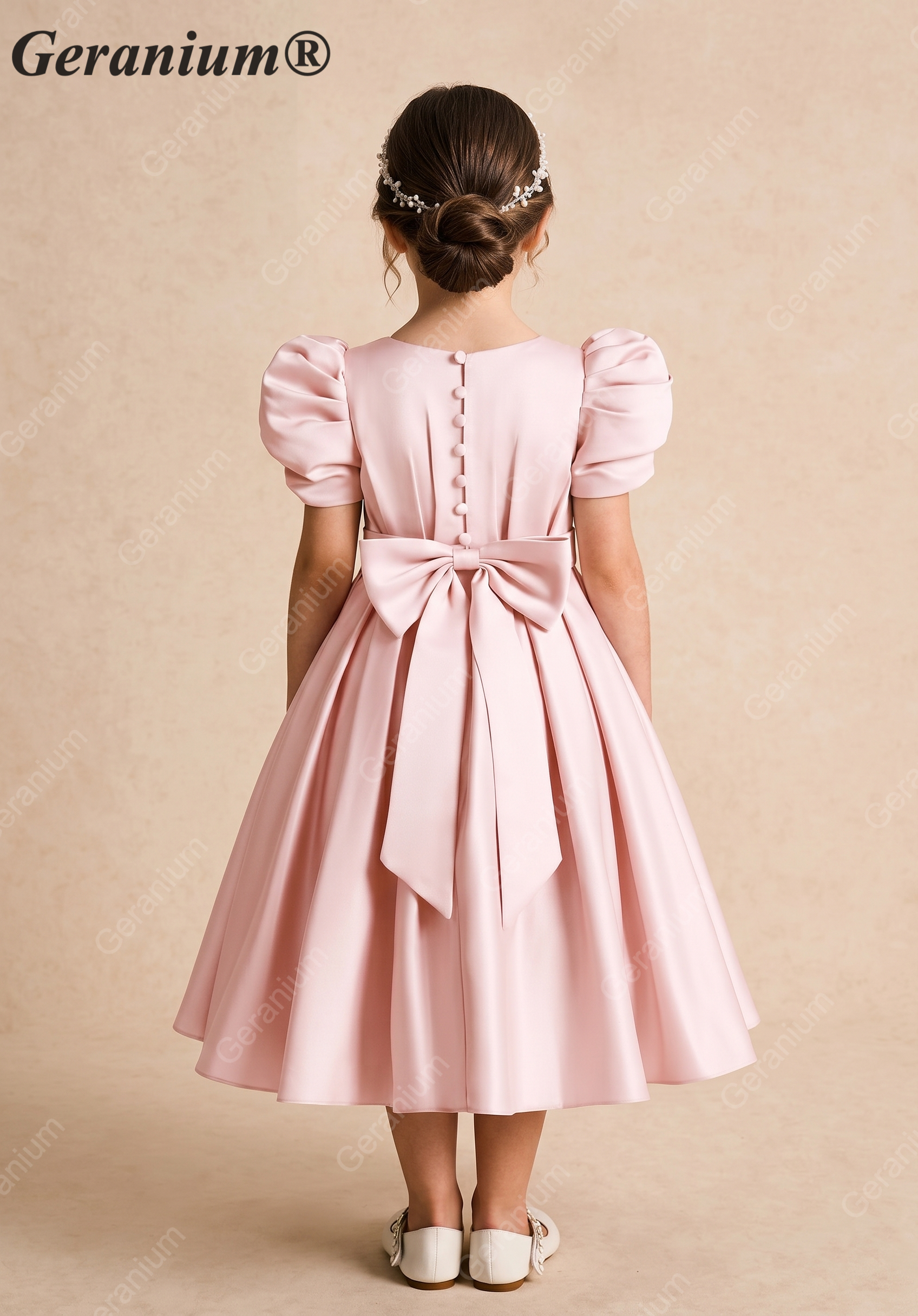 Geranium Elegant Puff Sleeve Satin Flower Girl Dress with Back Bow - Pink Formal Party Gown for Kids KD-254
