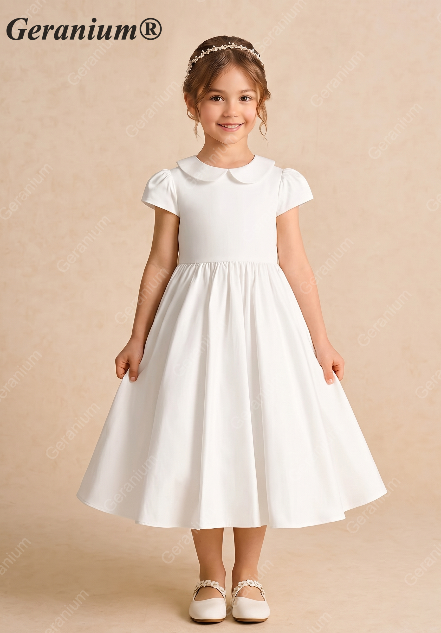 Geranium Elegant White Satin A-Line Flower Girl Dress - Peter Pan Collar Short Sleeve Party Gown with Oversized Back Bow KD-203 Main image