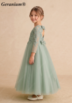 Geranium Sage Green Lace Applique Long Sleeve Flower Girl Dress - Heart Cut-out Back Tulle Princess Gown KD-289