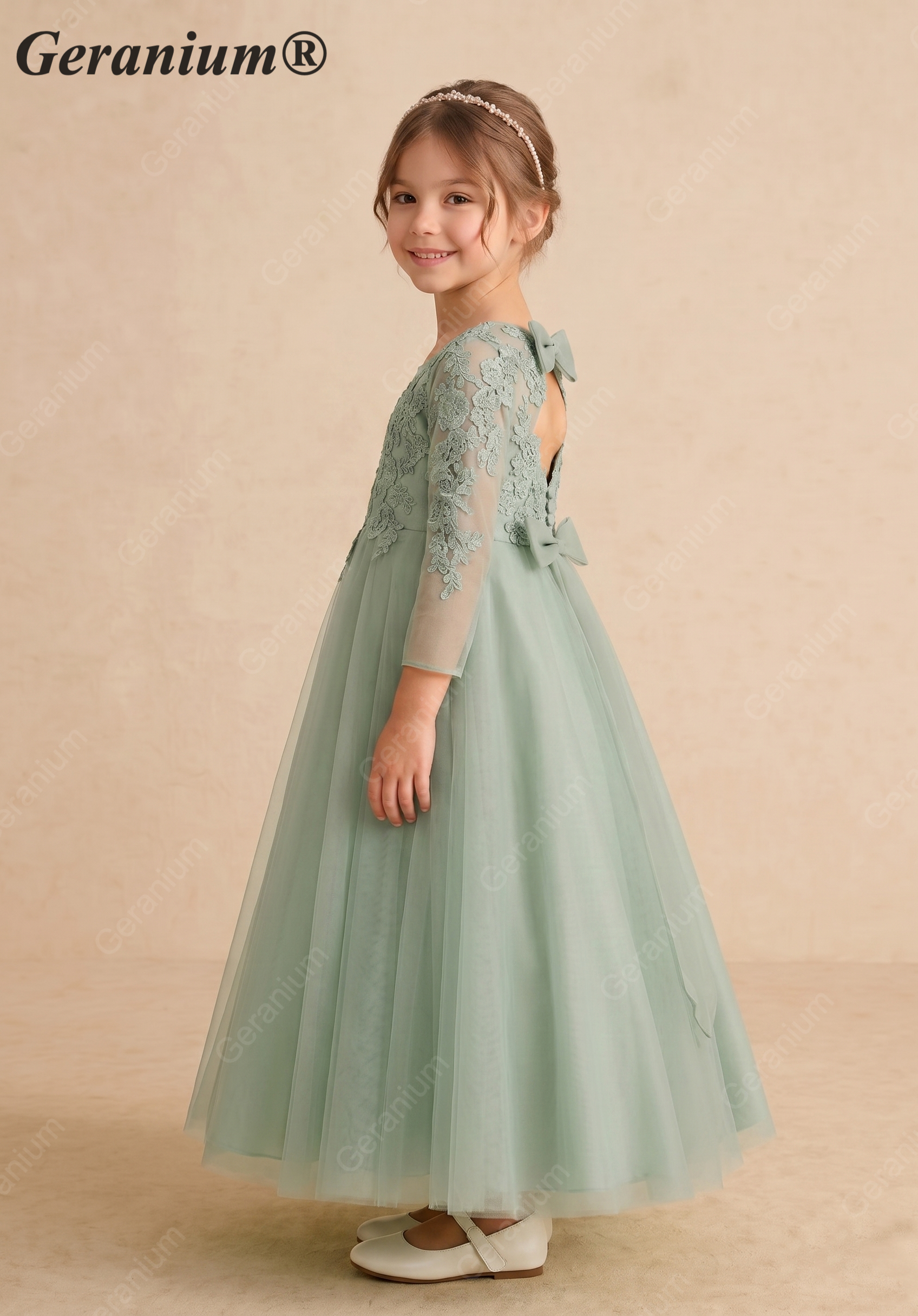 Geranium Sage Green Lace Applique Long Sleeve Flower Girl Dress - Heart Cut-out Back Tulle Princess Gown KD-289