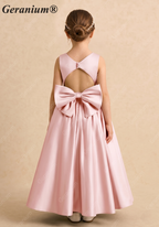 Geranium Girl’s Pink Satin Ballgown Flower Girl Dress, Open Back with Big Bow and Crystal Button, Sleeveless Floor-Length Gown for Wedding Guest & Formal Party KD-271
