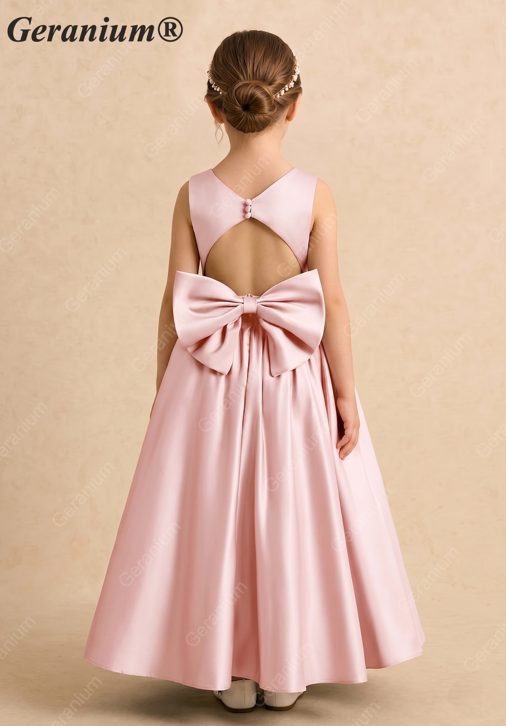 Geranium Girl’s Pink Satin Ballgown Flower Girl Dress, Open Back with Big Bow and Crystal Button, Sleeveless Floor-Length Gown for Wedding Guest & Formal Party KD-271