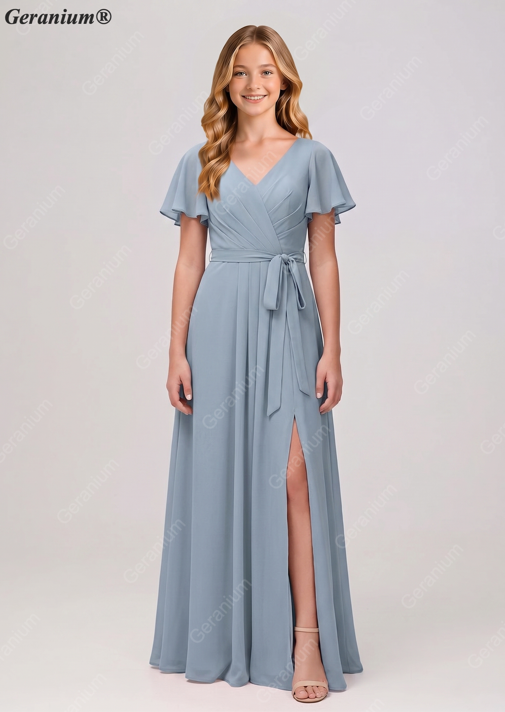 Geranium Elegant Chiffon V-Neck Flutter Sleeve Junior Bridesmaid Dress with Side Slit KD-310