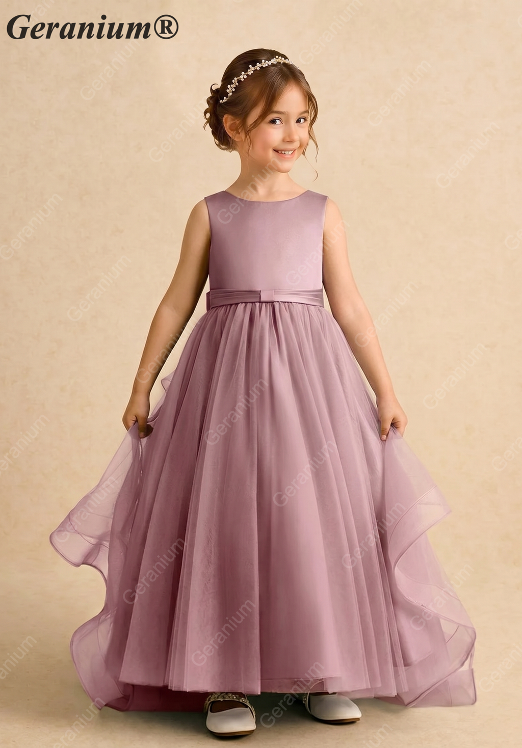 Geranium Dusty Rose Satin & Tulle Flower Girl Dress - Ruffled Tiered Train with Oversized Back Bow KD-190