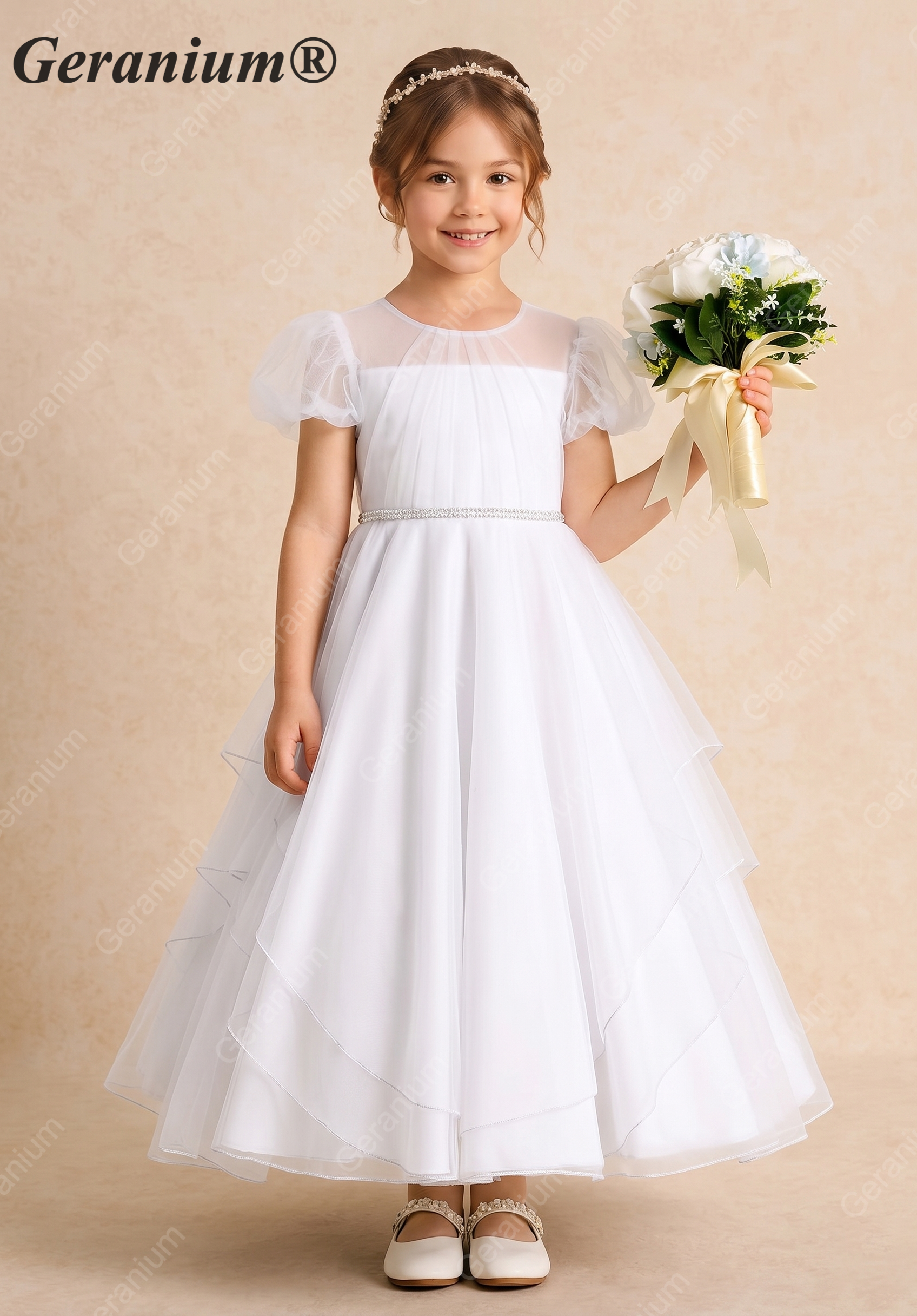 Geranium Elegant Tiered Tulle Flower Girl Dress with Puff Sleeves & Crystal Belt KD-207 Main image