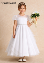Geranium Elegant Tiered Tulle Flower Girl Dress with Puff Sleeves & Crystal Belt KD-207