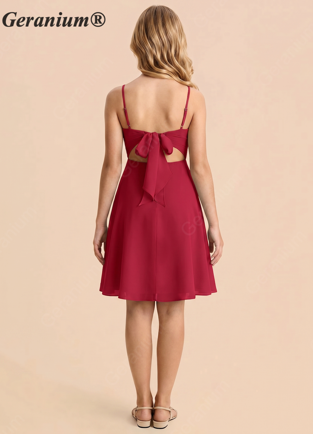 Geranium Elegant Spaghetti Strap A-Line Knee-Length Chiffon Dress with Open Back Bow – Junior Bridesmaid / Party Dress KD-108