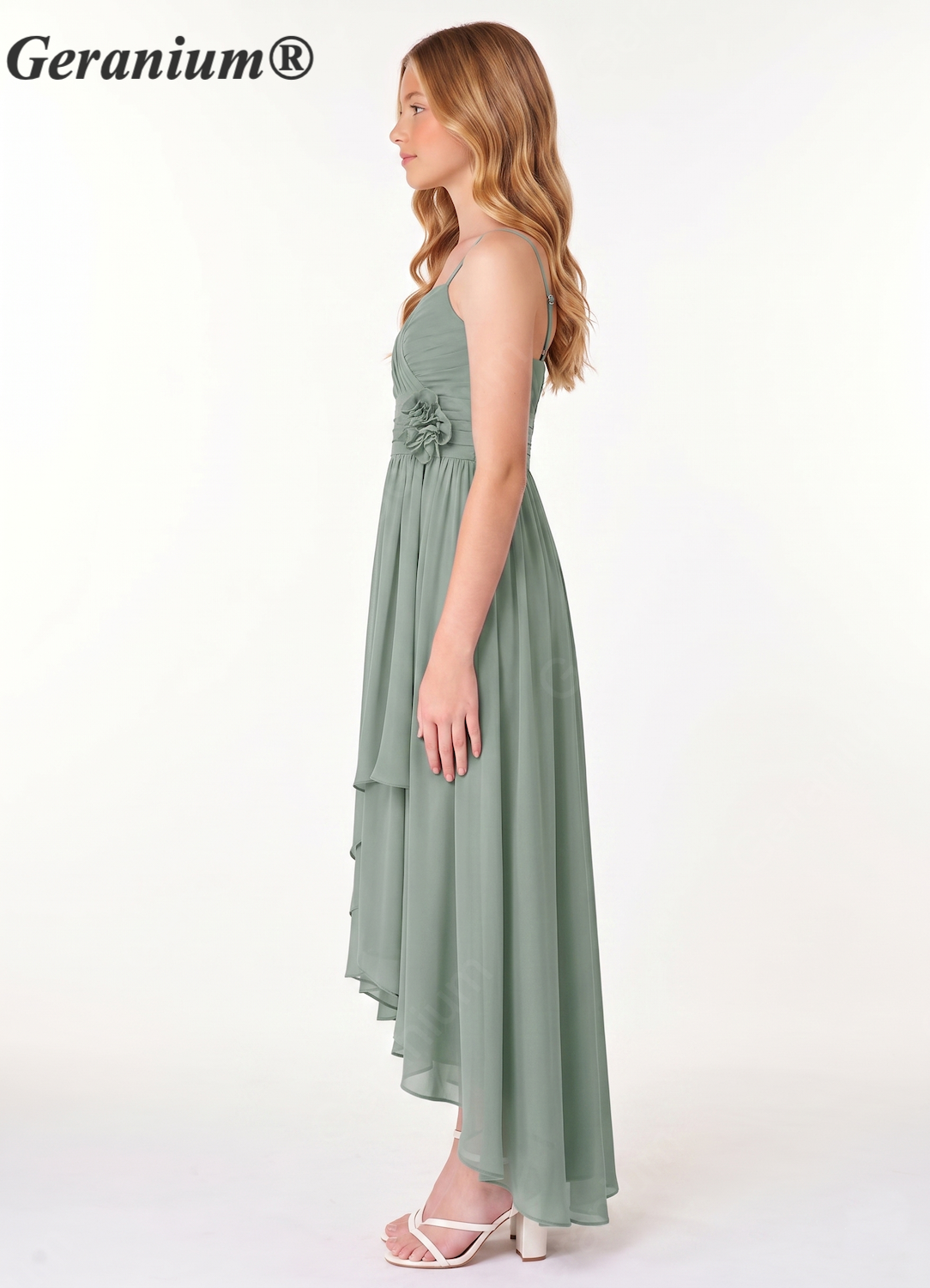 Geranium Sage Green Junior Bridesmaid Dress Spaghetti Strap Chiffon High Low A-Line Flower Waist Formal Dress for Girls KD-63