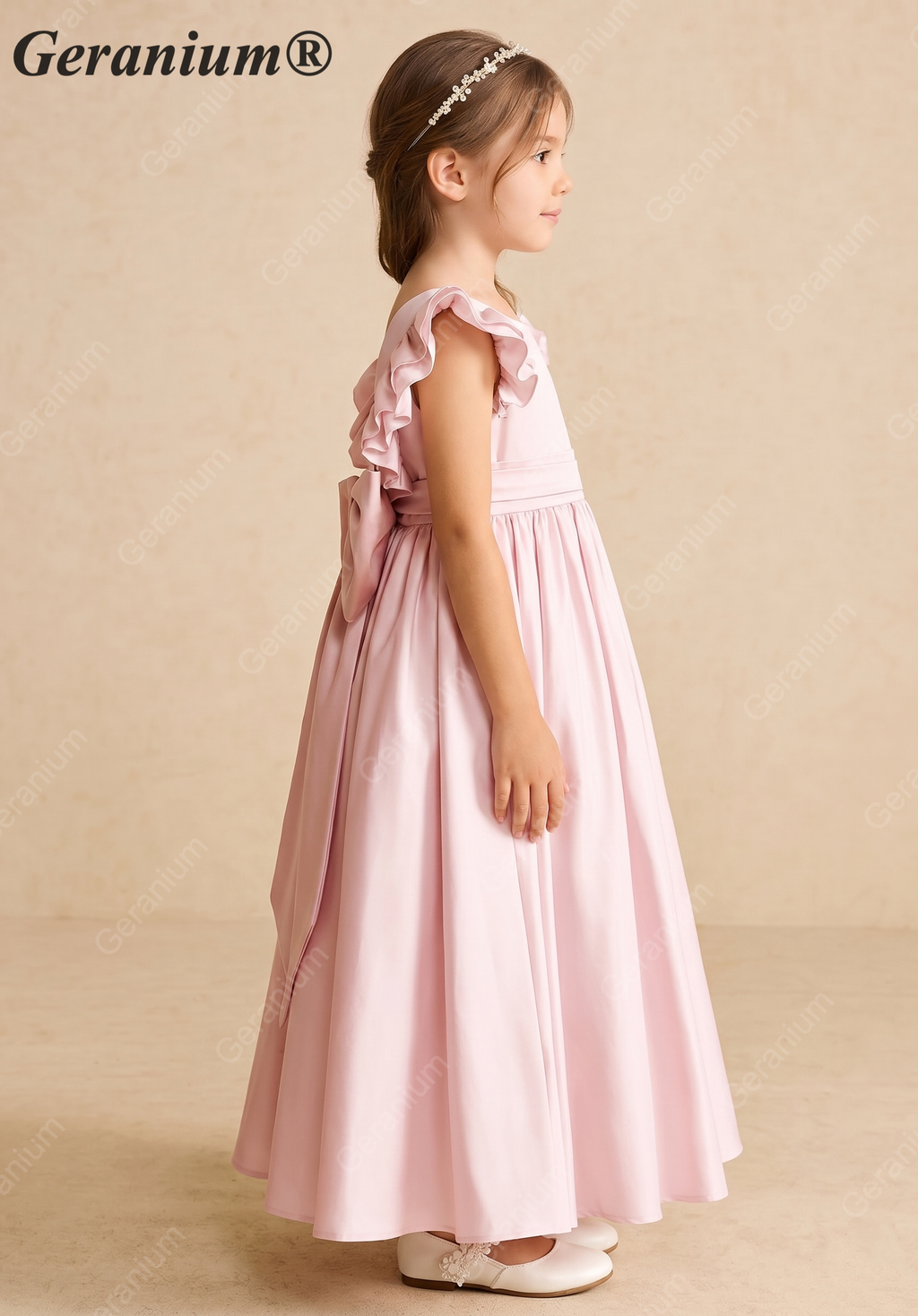 Geranium Elegant Flutter Sleeve Pink Satin Flower Girl Dress with Oversized Back Bow KD-300