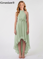Geranium Lilac Halter High Low Junior Bridesmaid Dress with Floral Waist Chiffon Flowy Formal Dress for Girls KD-59