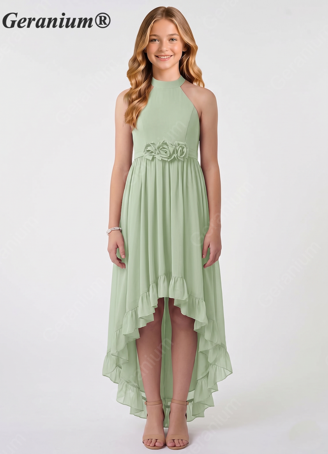 Geranium Lilac Halter High Low Junior Bridesmaid Dress with Floral Waist Chiffon Flowy Formal Dress for Girls KD-59
