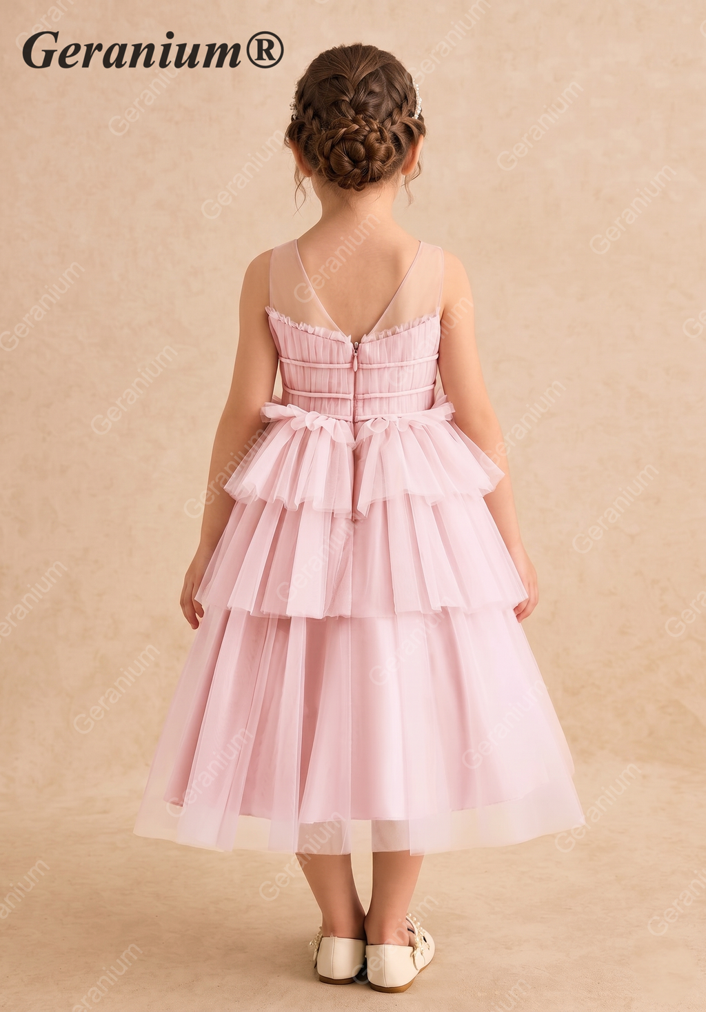 Geranium Girls' Pink Pleated Tulle Party Gown - Elegant Tiered Princess Dress for Weddings & Birthdays KD-243