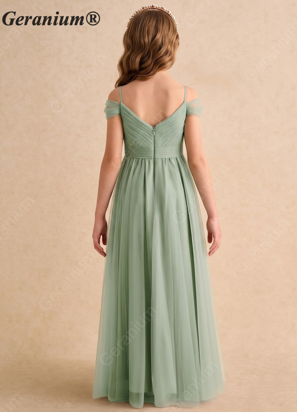Geranium Sage Green Off-Shoulder Tulle Flower Girl Dress – Elegant A-Line Long Junior Bridesmaid Dress KD-152
