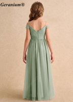 Geranium Sage Green Off-Shoulder Tulle Flower Girl Dress – Elegant A-Line Long Junior Bridesmaid Dress KD-152