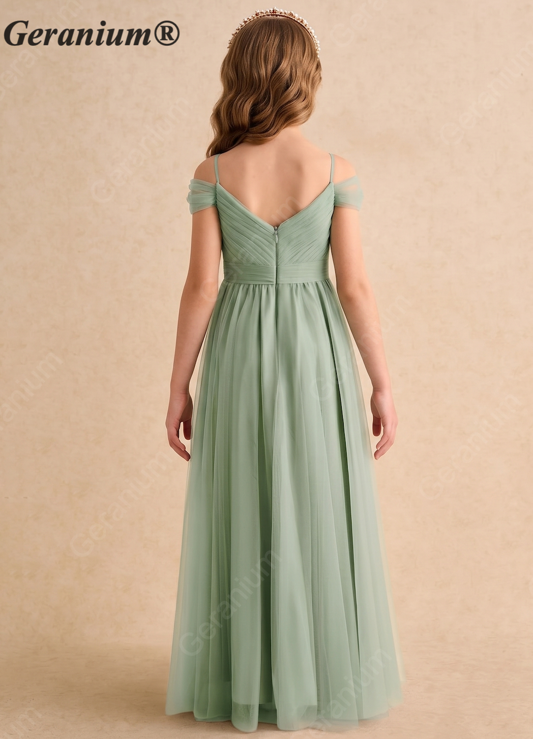 Geranium Sage Green Off-Shoulder Tulle Flower Girl Dress – Elegant A-Line Long Junior Bridesmaid Dress KD-152