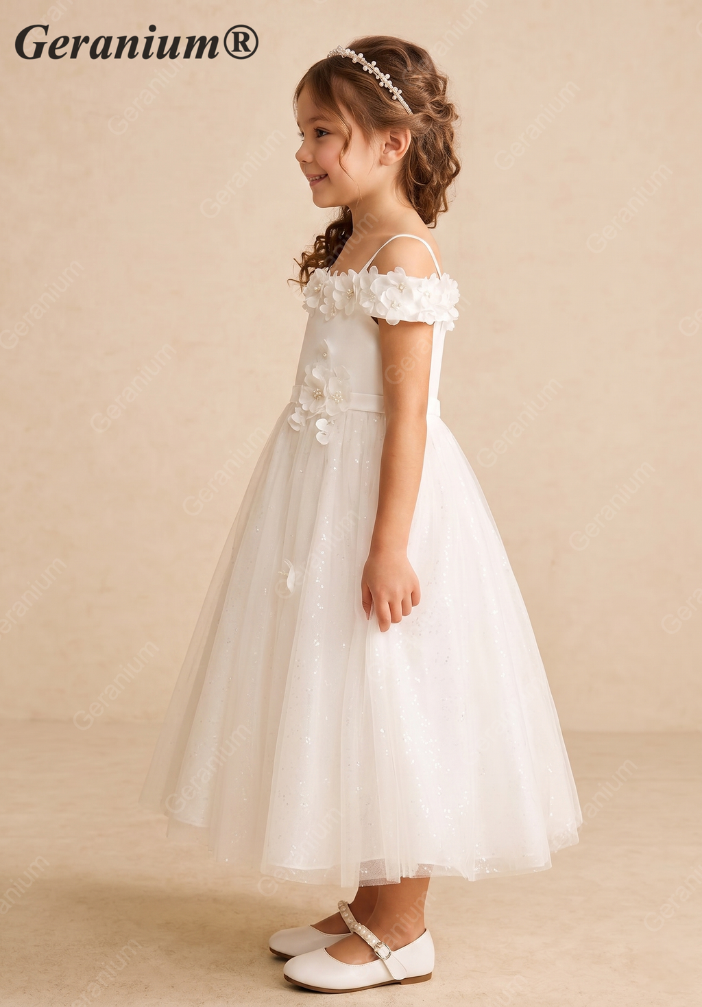 Geranium 2-in-1 Off-the-Shoulder Flower Girl Dress with 3D Floral Appliques & Tulle Skirt KD-233