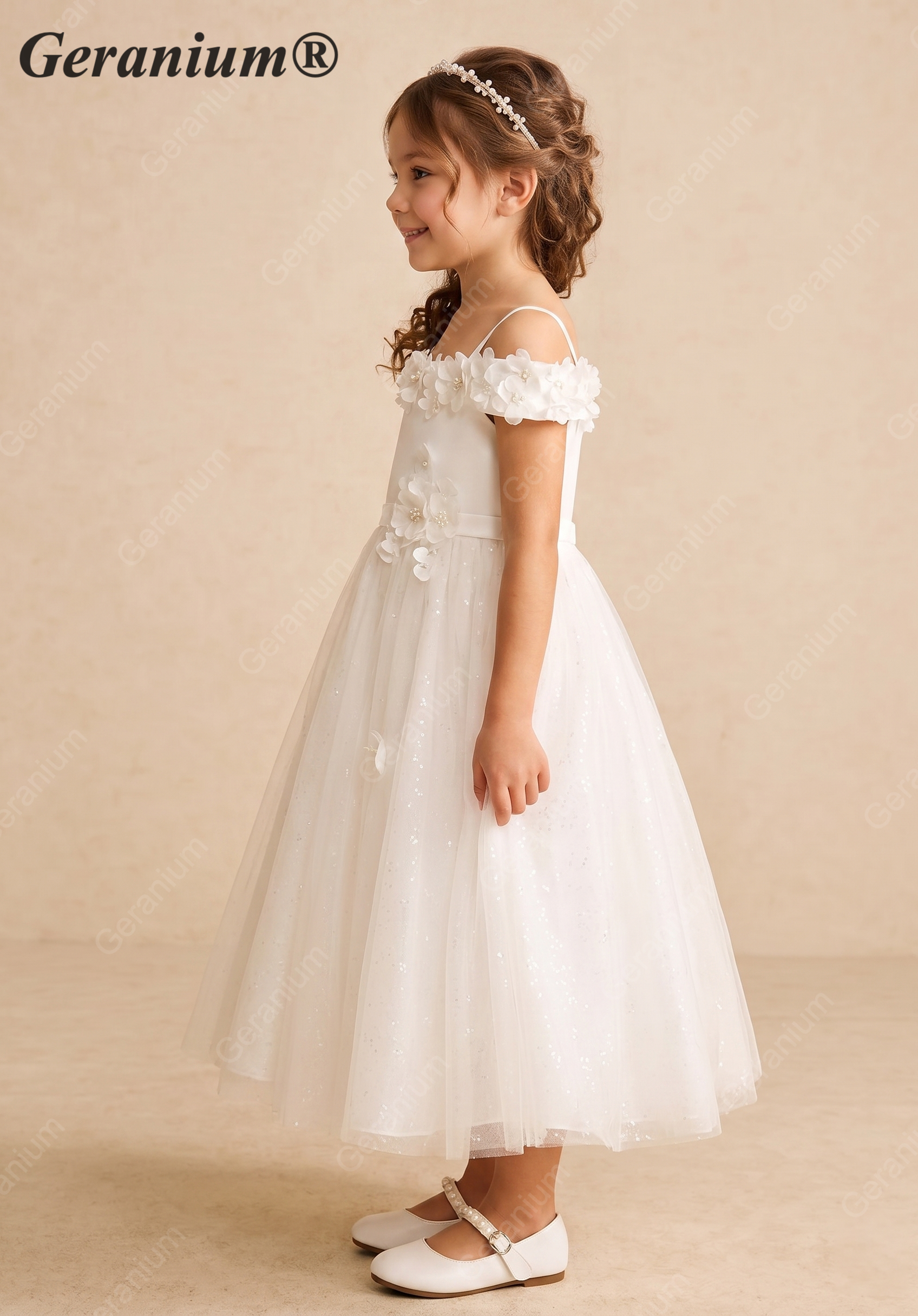 Geranium 2-in-1 Off-the-Shoulder Flower Girl Dress with 3D Floral Appliques & Tulle Skirt KD-233